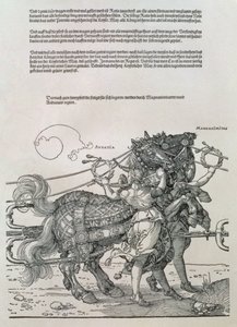 Carro triunfal del emperador Maximiliano I de Alemania (1459-1519): detalle de los equipos de caballos, guiados por dos Virtudes, Magnanimidad y Audacia de Albrecht Dürer
